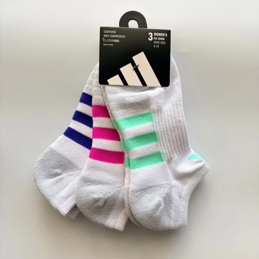Adidas women’s no show socks 3 pairs size 5-10 white green pink blue